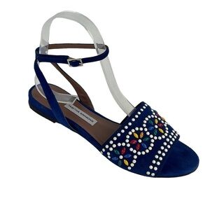 TABITHA SIMMONS GEOMETRIC STUDDED BLUE SUEDE LEATHER ANKLE WRAP SANDAL